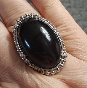 Black Gemstone Oval Silver Tone Ring